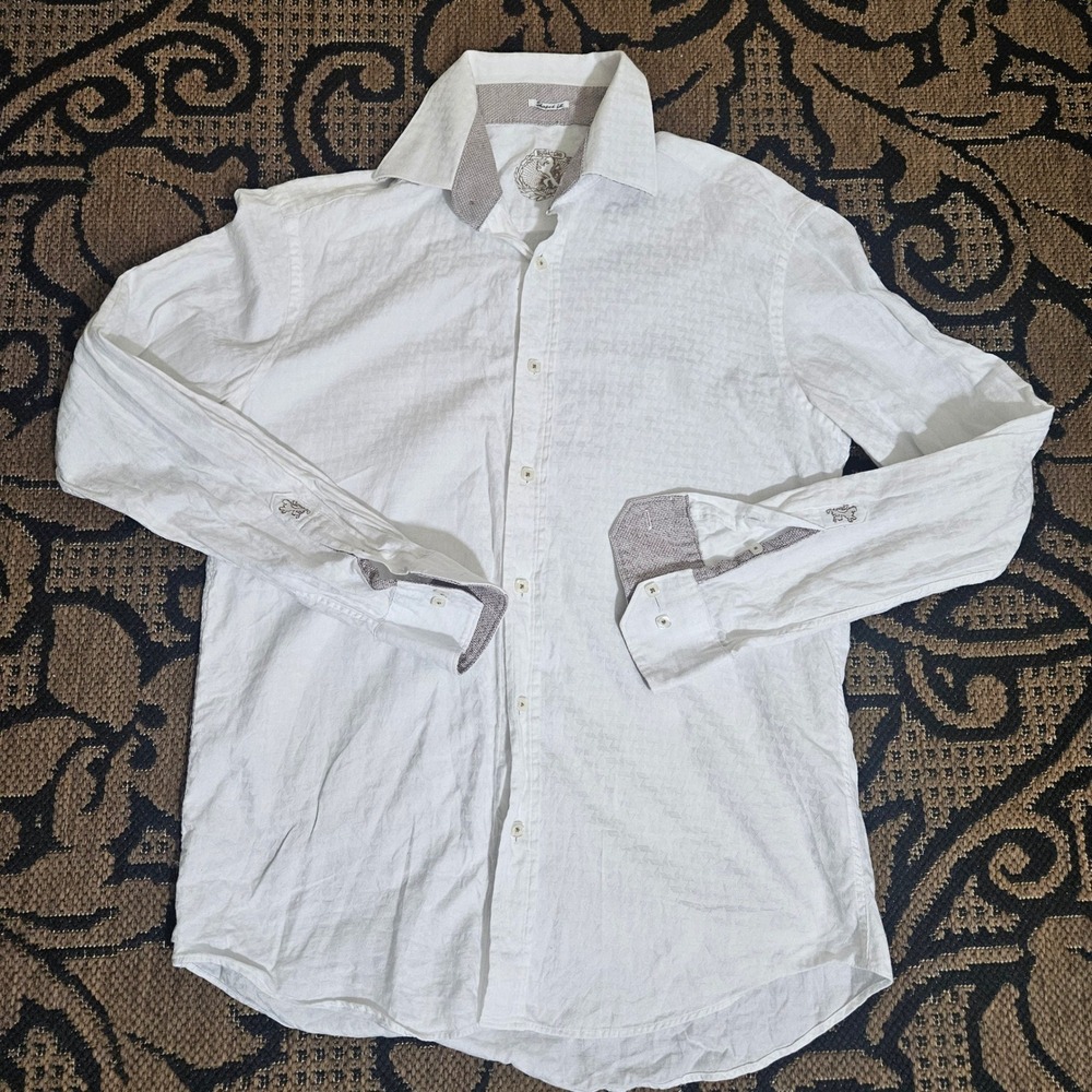 Bugatchi Uomo Mens White Textured Long Sleeve Button Down Shaped Fit Shirt M